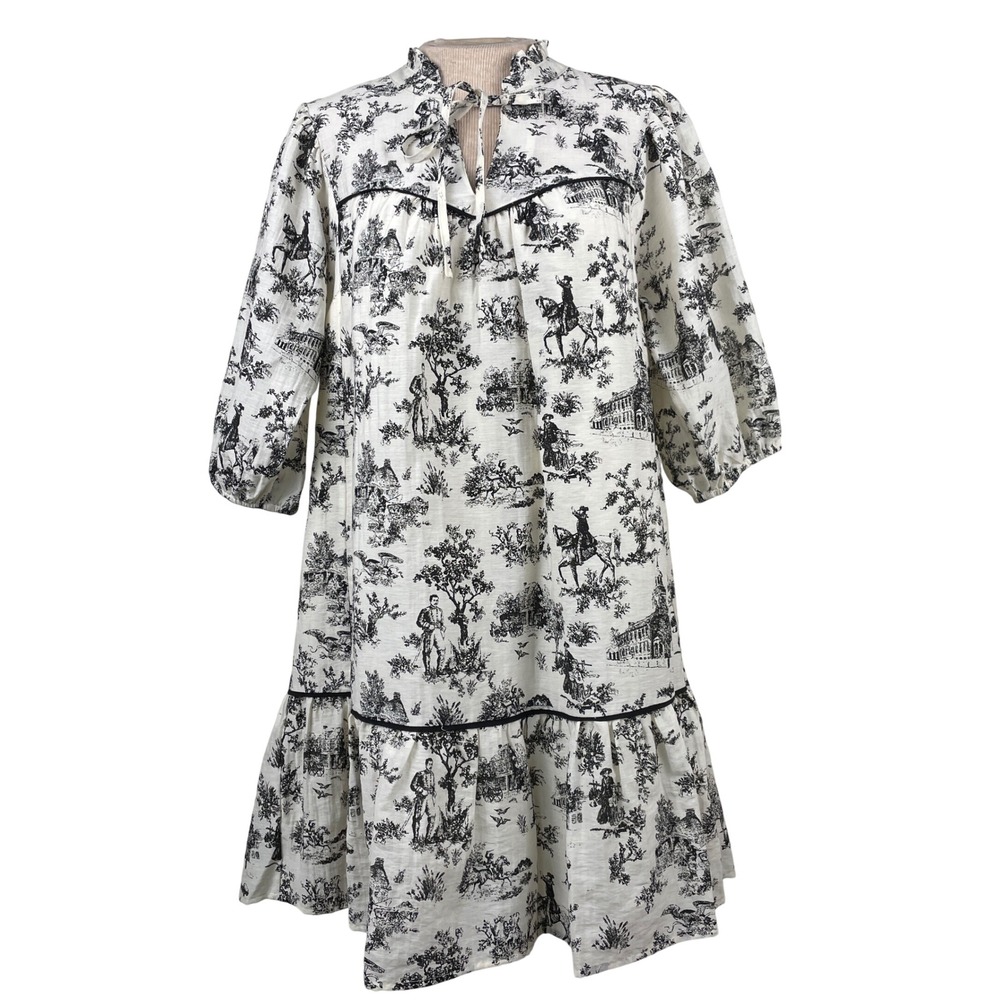 Umgee‎ Toile De Jouy Babydoll Dress Black White Linen Blend Tiered Small